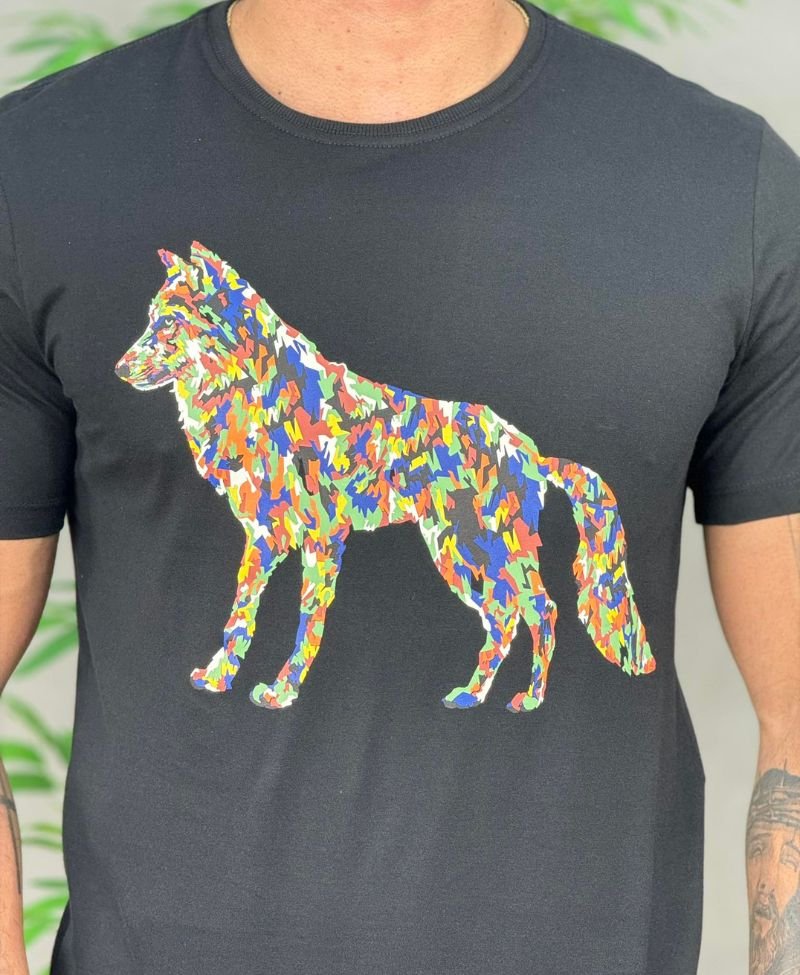 Camiseta Preta Casual Masculina Wolf Ludic - Acostamento