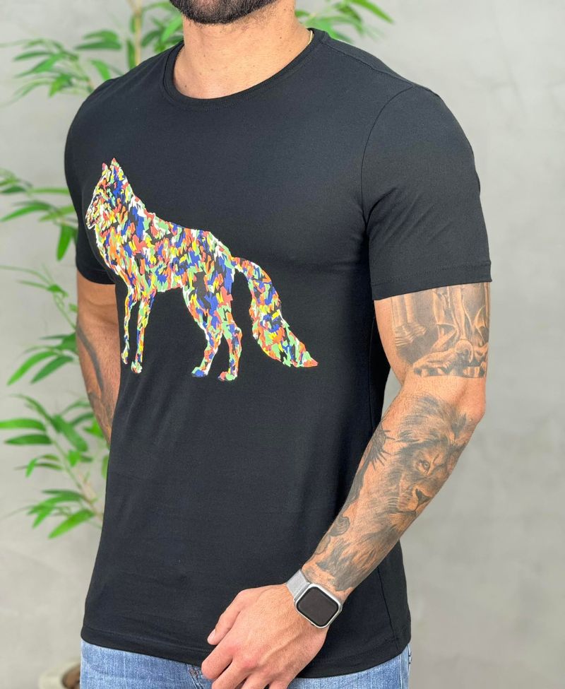 Camiseta Preta Casual Masculina Wolf Ludic - Acostamento