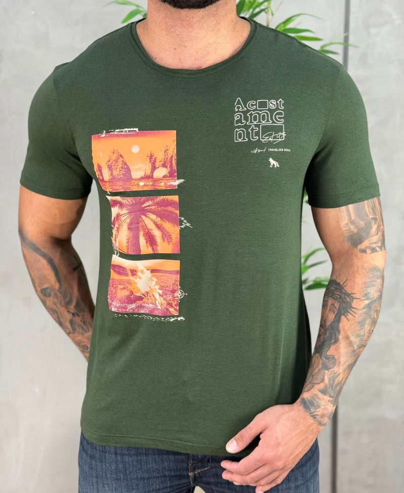 Camiseta Verde Nativo Casual Masculina Mc - Acostamento