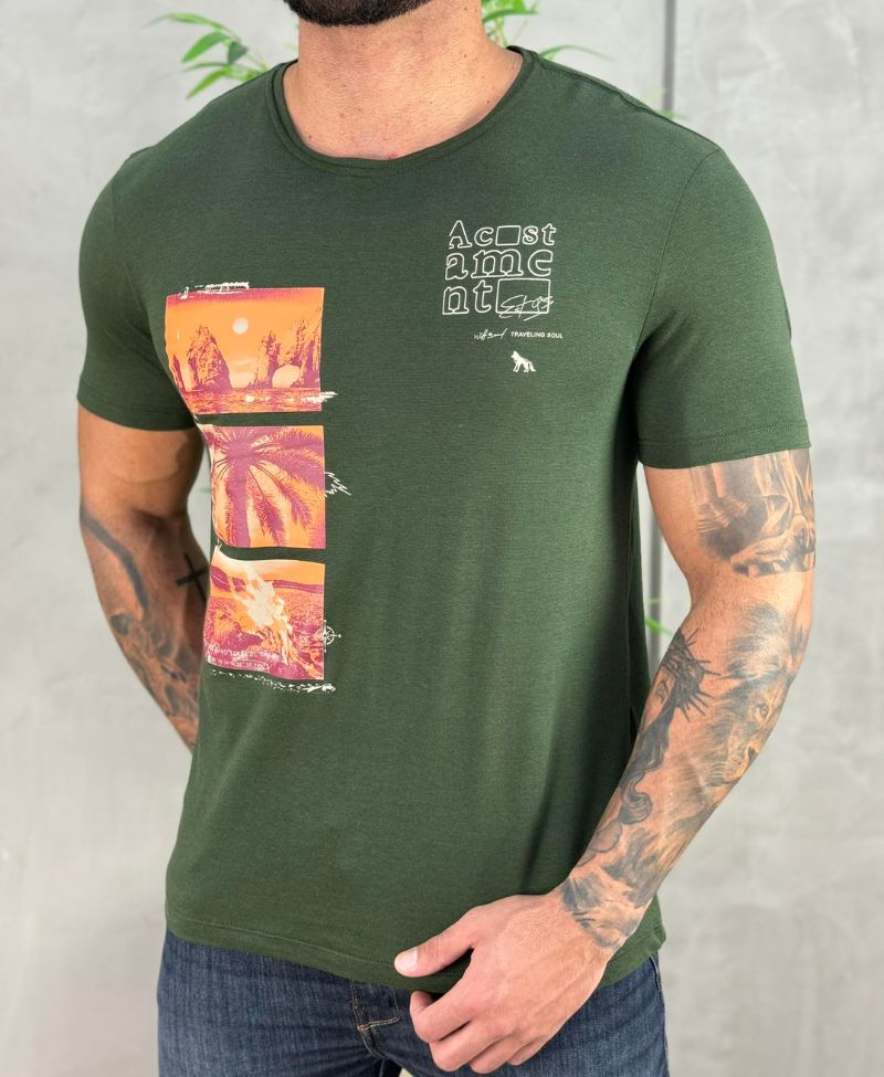 Camiseta Verde Nativo Casual Masculina Mc - Acostamento