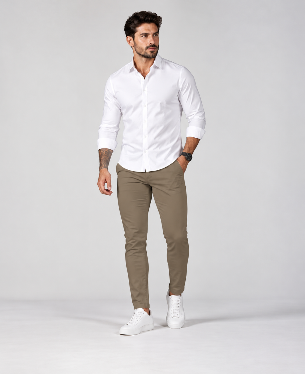 Calça Alfaiataria Caqui Escuro Masculina Skinny - ROTA 77