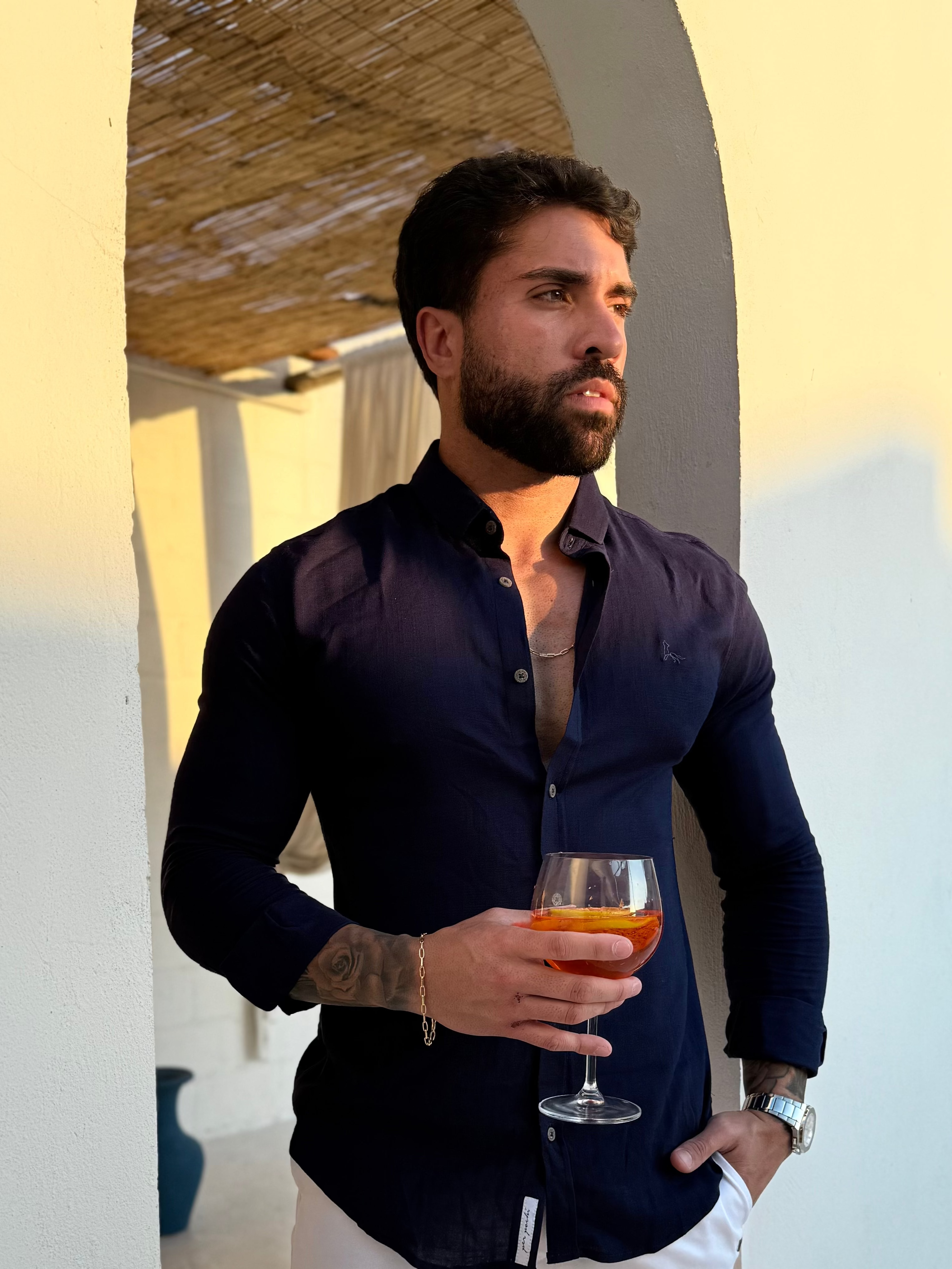 Camisa Dubai Gola Tradicional Azul Marinho Masculino - Per Pochi