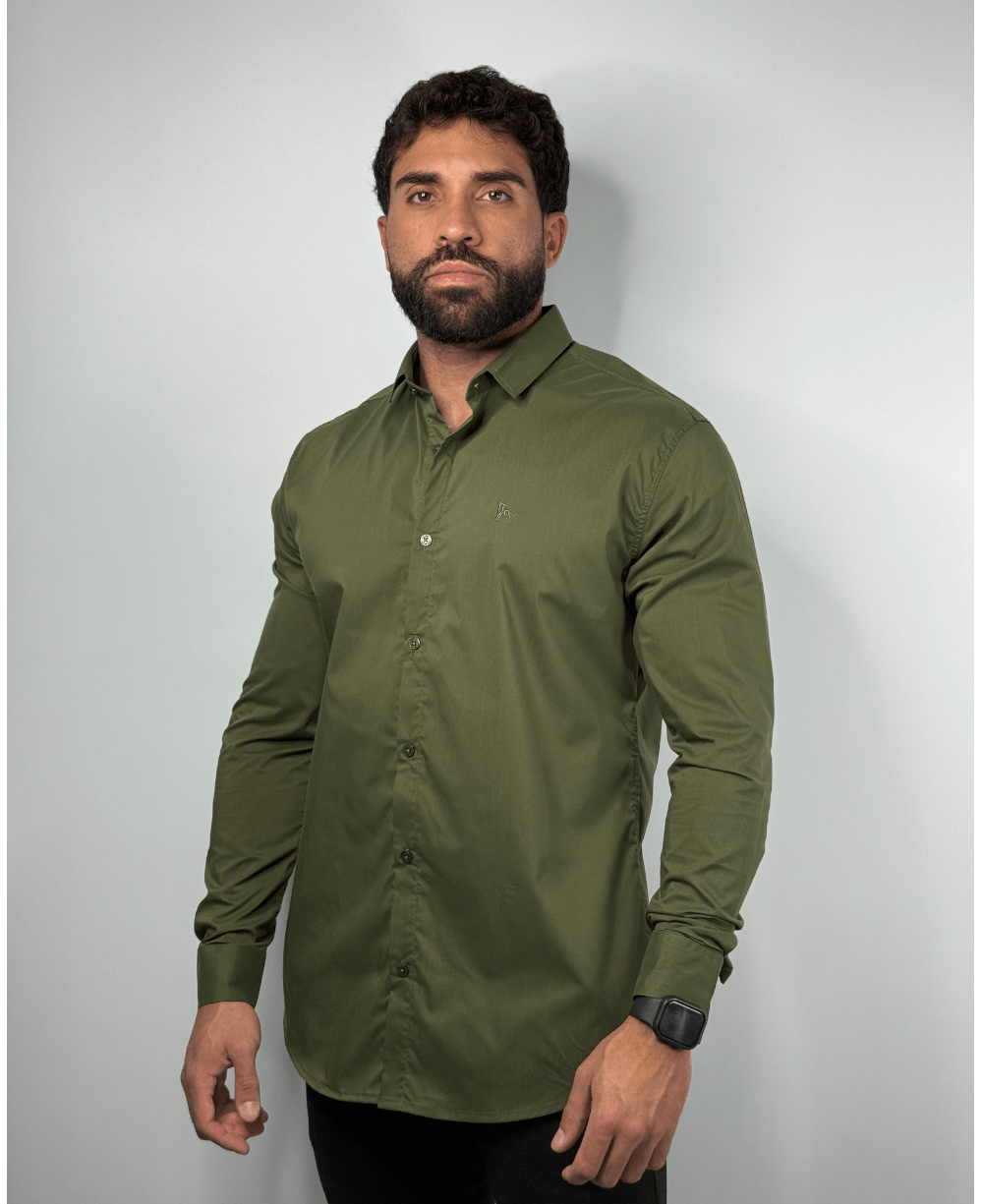 Camisa Tricoline Acetinada Verde Musgo Masculino - Per Pochi