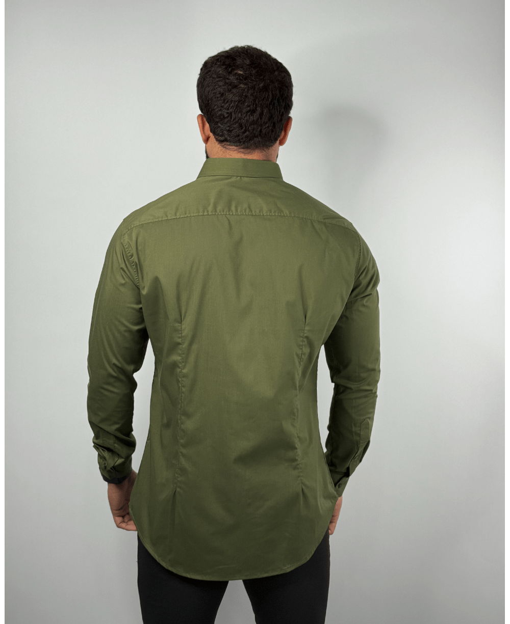 Camisa Tricoline Acetinada Verde Musgo Masculino - Per Pochi