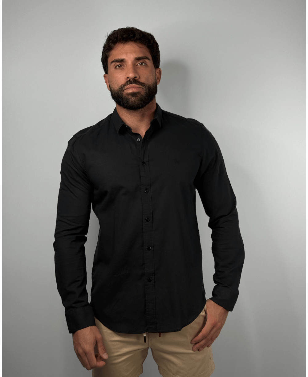 Camisa Linen Gola Tradicional Preto Masculino - Per Pochi