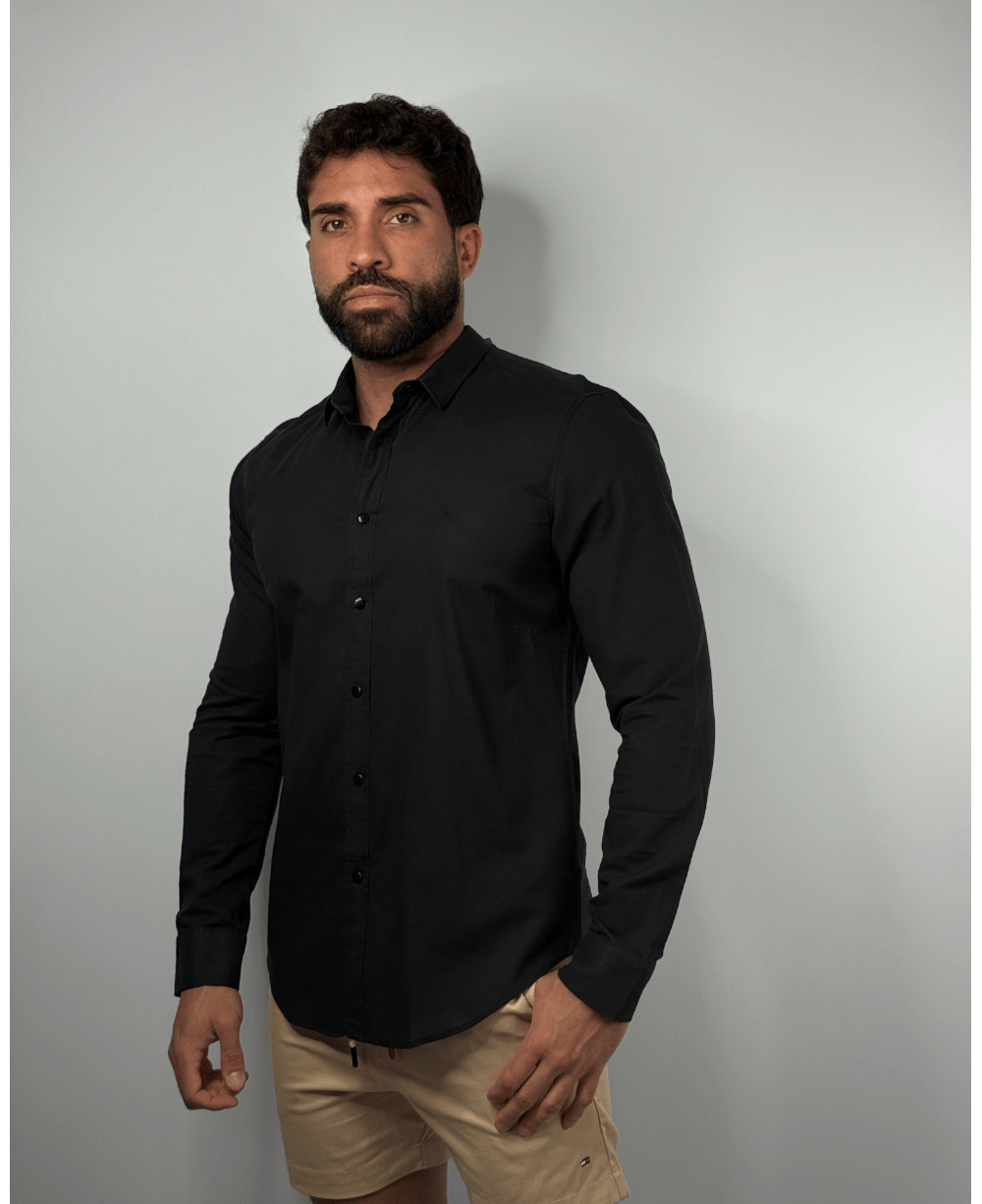 Camisa Manga Longa Preto Masculino Viscolinho - Per Pochi