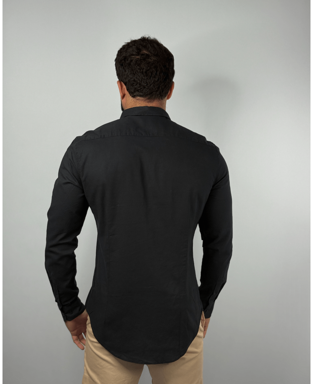 Camisa Linen Gola Tradicional Preto Masculino - Per Pochi