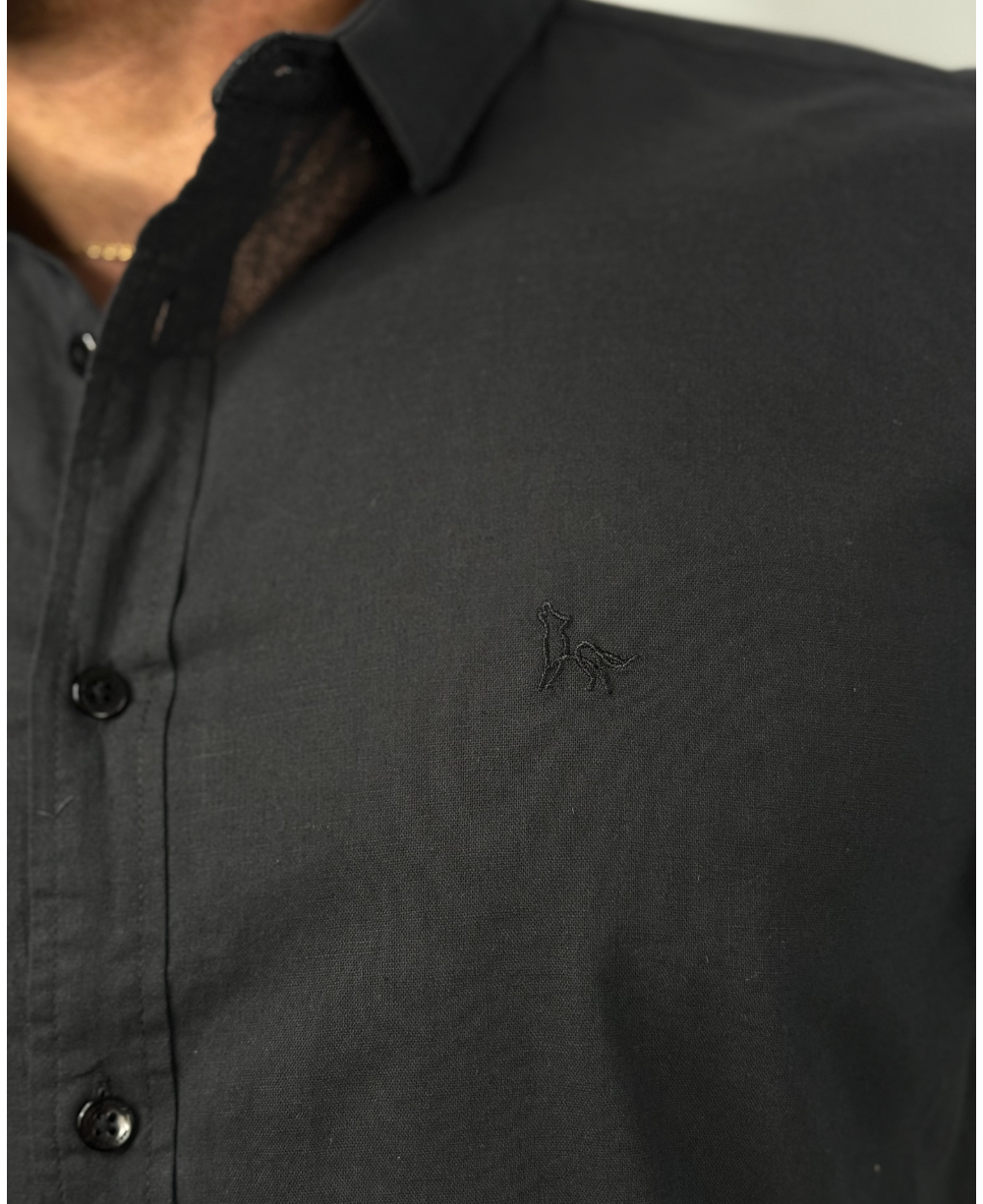 Camisa Linen Gola Tradicional Preto Masculino - Per Pochi