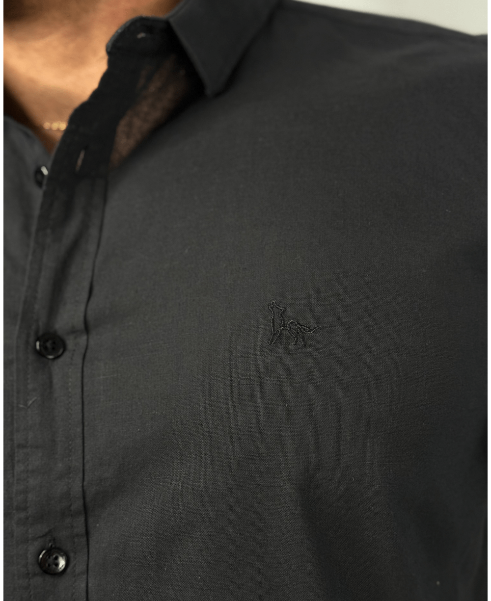 Camisa Linen Gola Tradicional Preto Masculino - Per Pochi