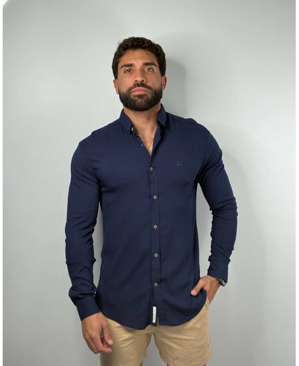 Camisa Dubai Gola Tradicional Azul Marinho Masculino - Per Pochi