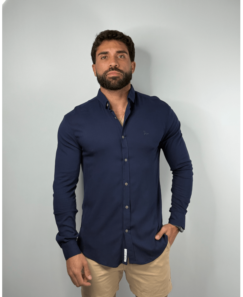 Camisa Dubai Gola Tradicional Azul Marinho Masculino - Per Pochi