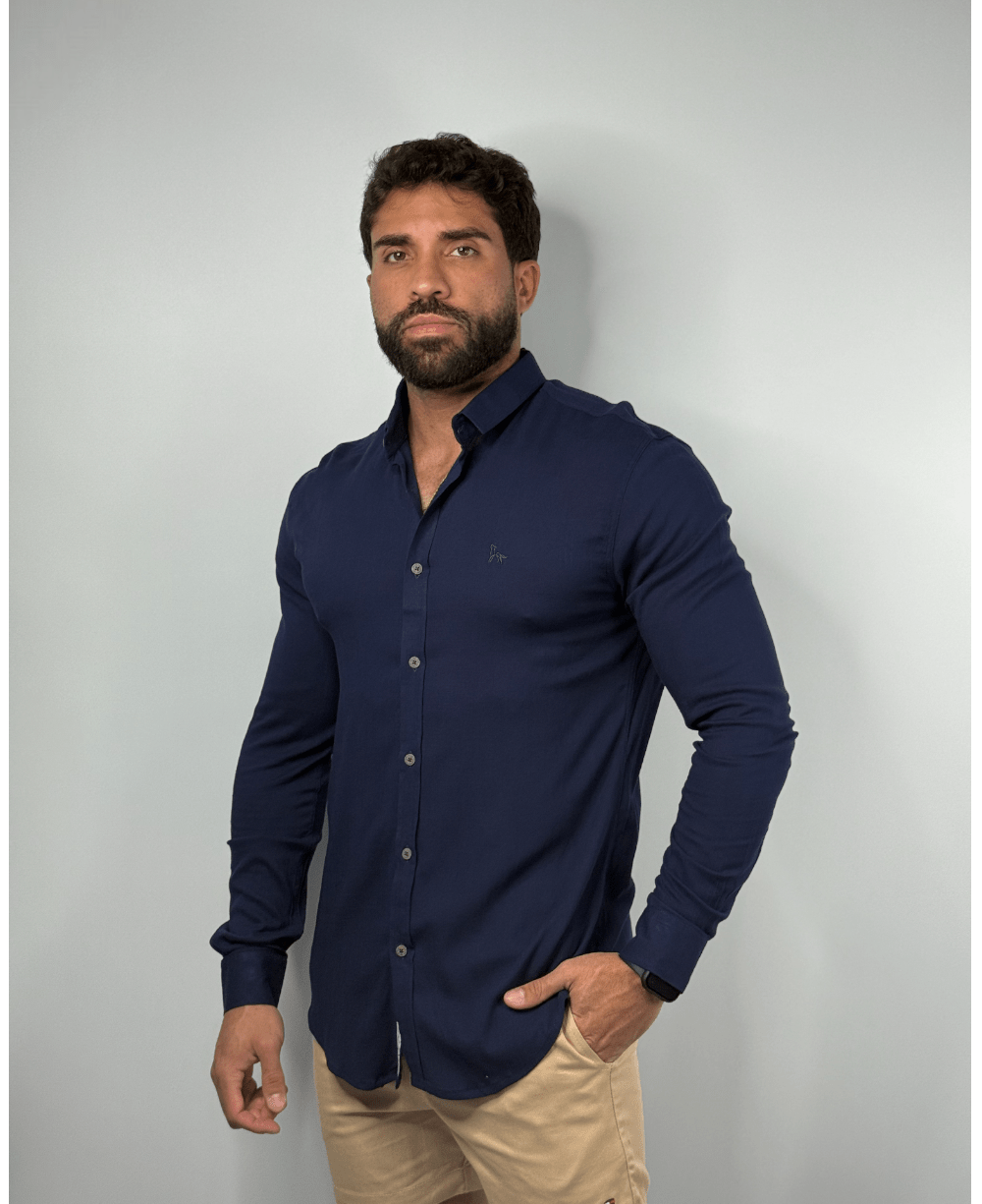 Camisa Dubai Gola Tradicional Azul Marinho Masculino - Per Pochi