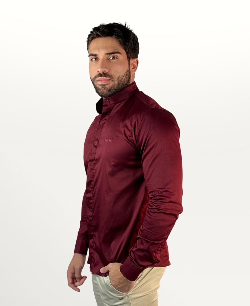 Camisa Social Vinho Masculina Gola Padre Acetinada - Paladhos