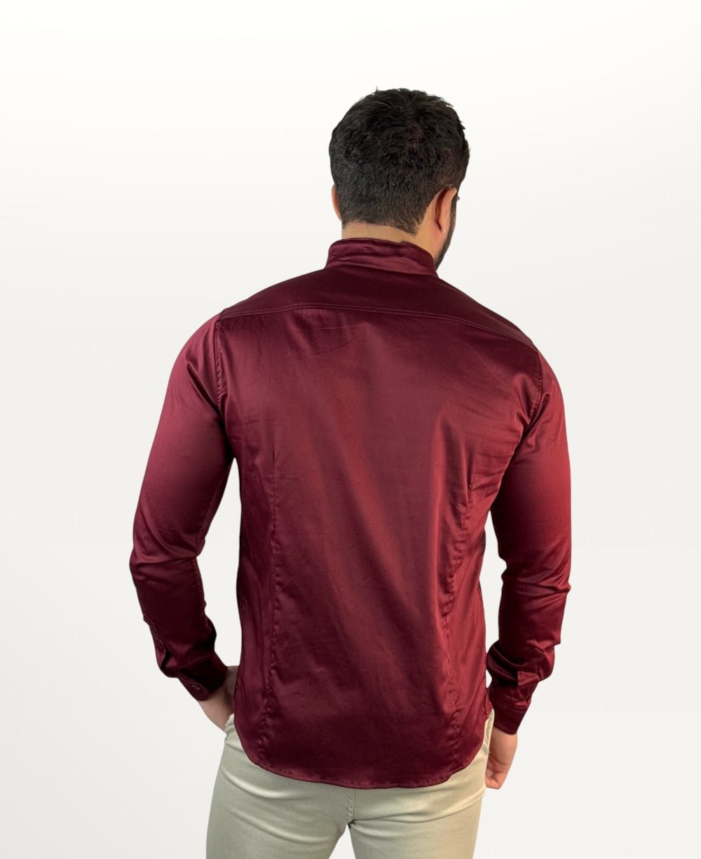 Camisa Social Vinho Masculina Gola Padre Acetinada - Paladhos