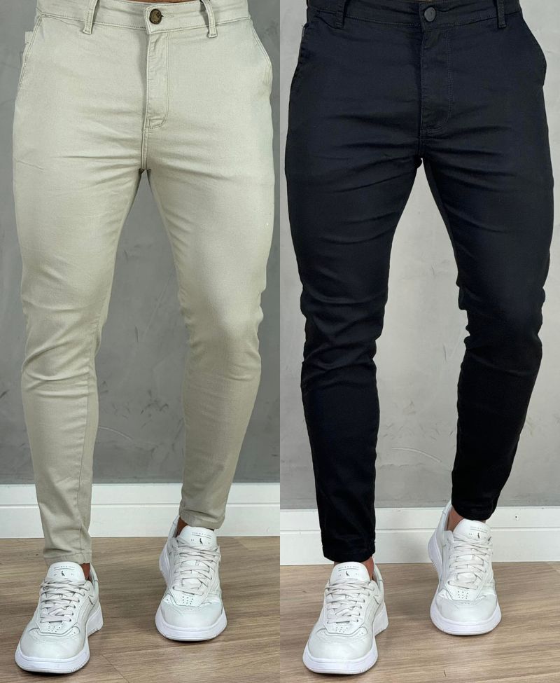 Kit 2 Calças Alfaiataria Sarja Preta e Areia Masculino Super Skinny - Codi Jeans