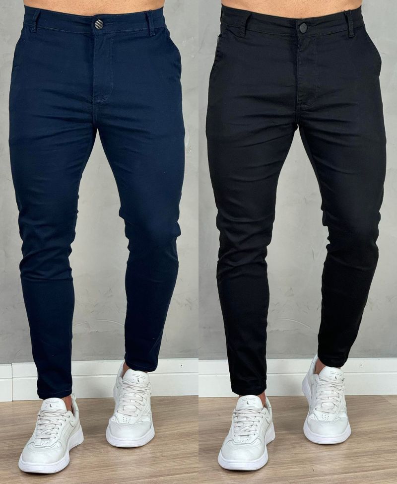 Kit 2 Calças Alfaiataria Sarja Preta e Azul Masculino Super Skinny - Codi Jeans