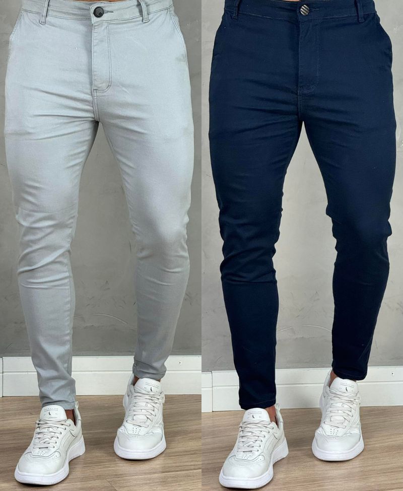 Kit 2 Calças Alfaiataria Sarja Azul e Cinza Masculino Super Skinny - Codi Jeans