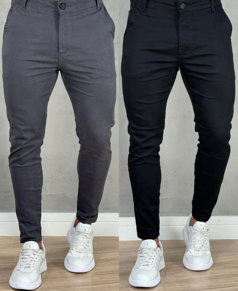 Kit 2 Calças Alfaiataria Sarja Preta e Grey Masculino Super Skinny - Codi Jeans
