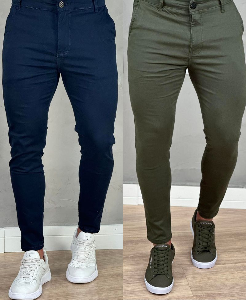 Kit 2 Calças Alfaiataria Sarja Verde e Azul Masculino Super Skinny - Codi Jeans