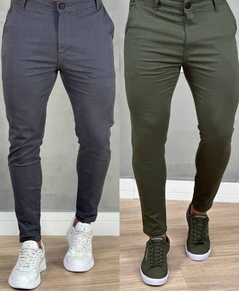 Kit 2 Calças Alfaiataria Sarja Verde e Chumbo Masculino Super Skinny - Codi Jeans
