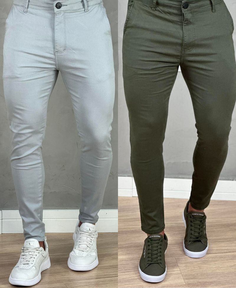 Kit 2 Calças Alfaiataria Sarja Verde e Cinza Masculino Super Skinny - Codi Jeans