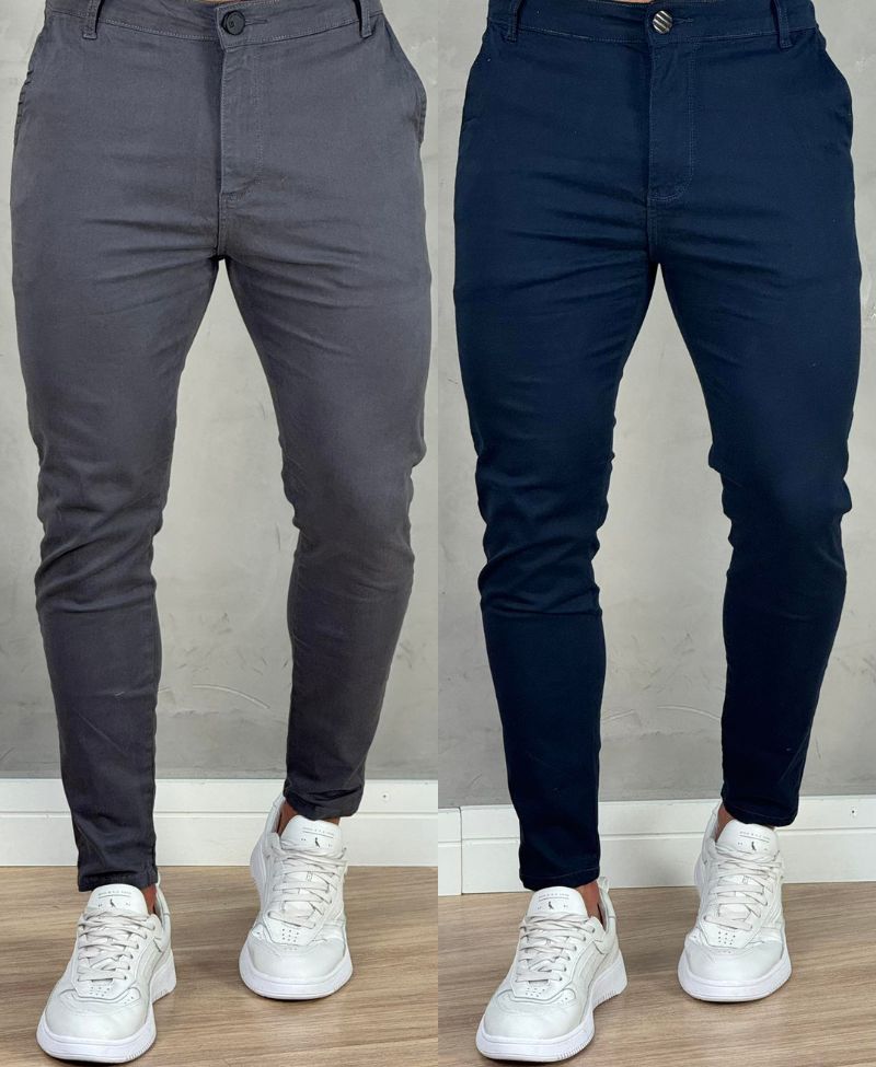 Kit 2 Calças Alfaiataria Sarja Azul e Chumbo Masculino Super Skinny - Codi Jeans