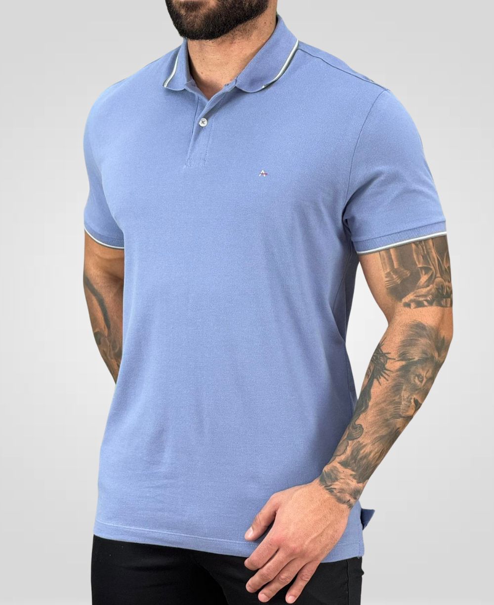 Camisa Polo Azul Índigo Masculina Gola Frisos - Aramis