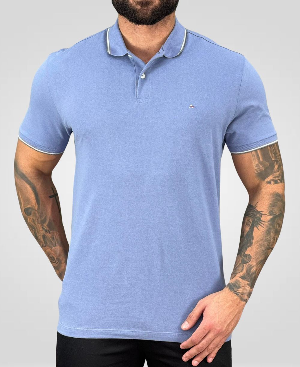 Camisa Polo Azul Índigo Masculina Gola Frisos - Aramis