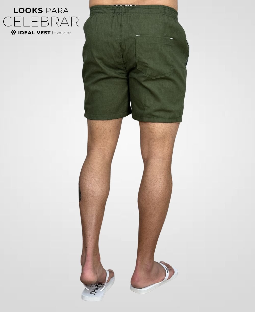Shorts de Linho Verde Militar Masculina Lisa - Afri.co