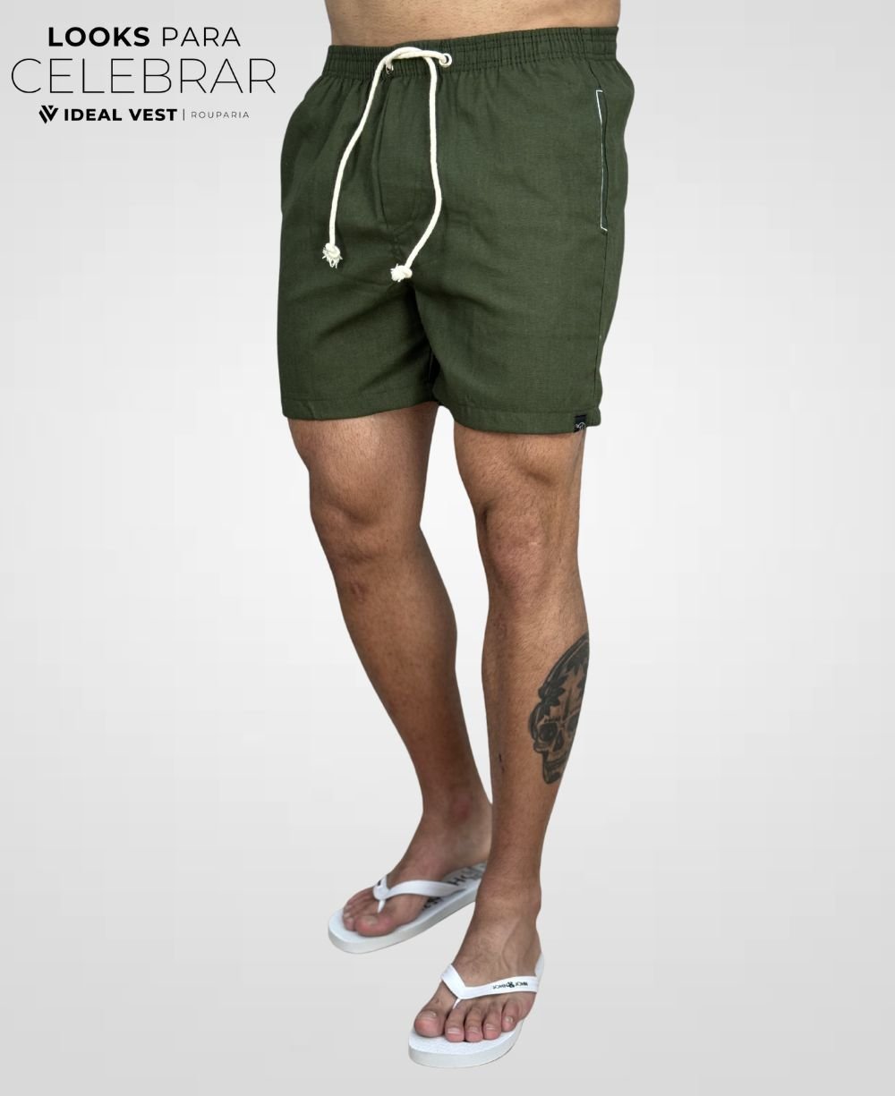 Shorts de Linho Verde Militar Masculina Lisa - Afri.co