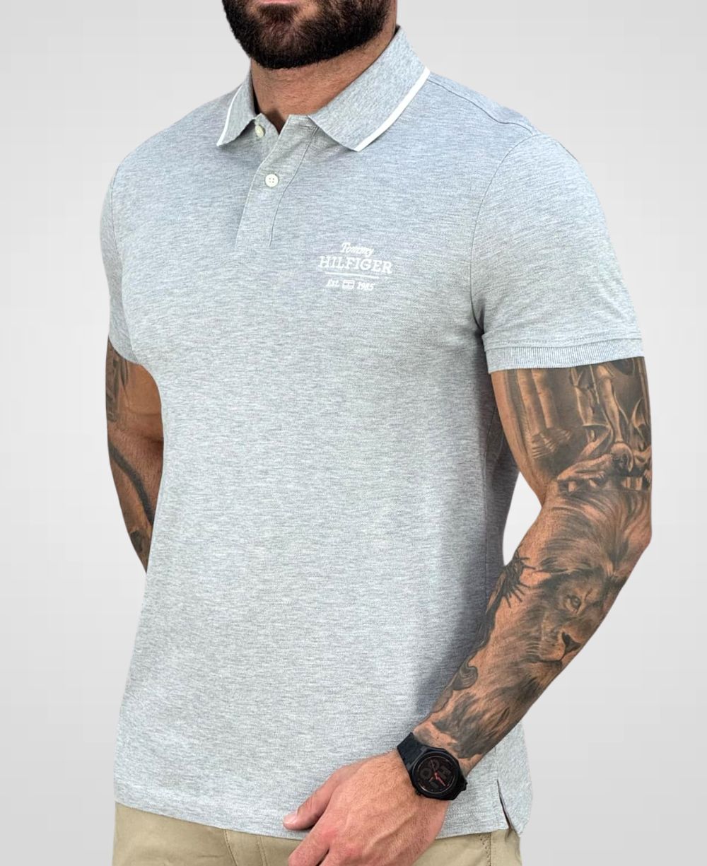 Camisa Polo Cinza Claro 1985 Com Friso Slim - Tommy Hilfiger