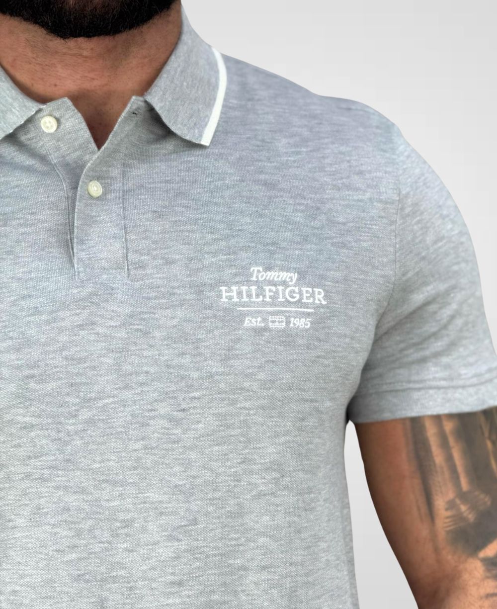 Camisa Polo Cinza Claro 1985 Com Friso Slim - Tommy Hilfiger