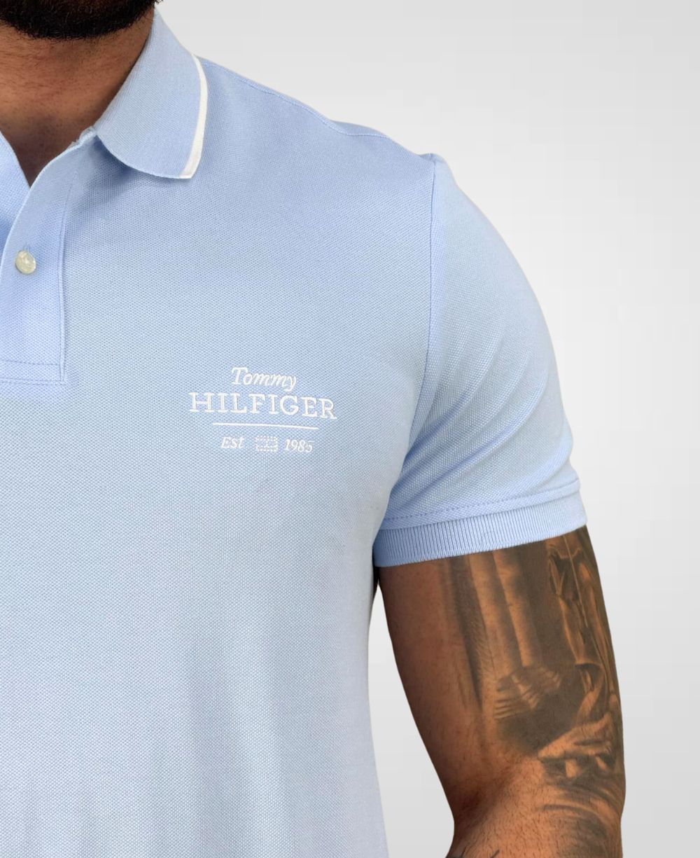 Camisa Polo Azul Céu 1985 Com Friso Slim - Tommy Hilfiger