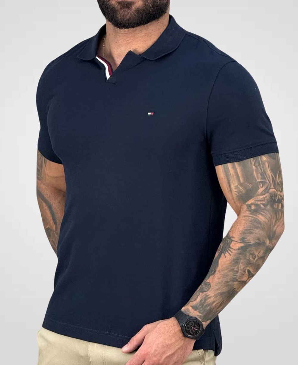 Camisa Polo Azul Marinho Masculina Mercerizada Carcela Regular - Tommy Hilfiger