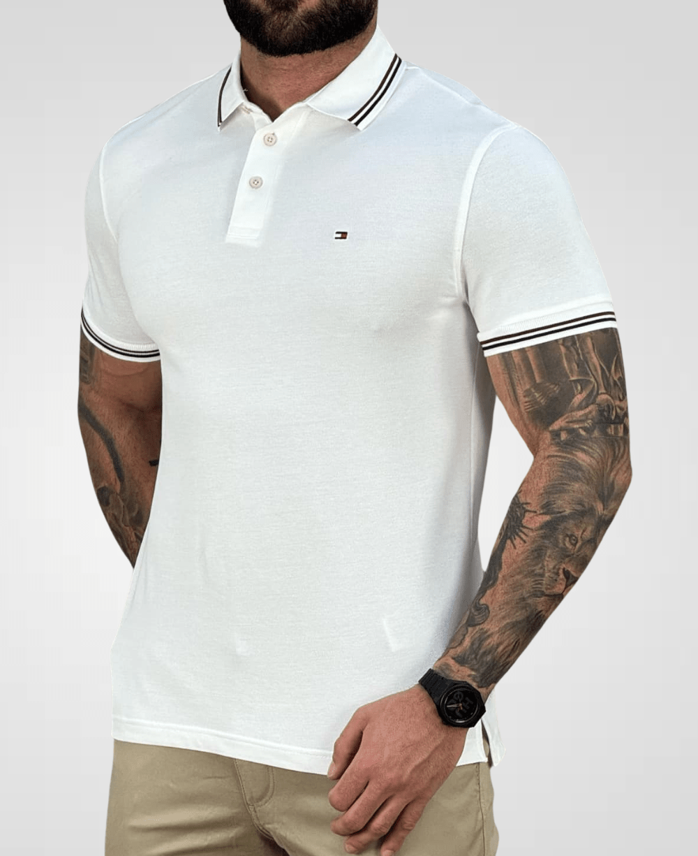 Camisa Polo Branca Friso e Detalhe Na Manga Slim - Tommy Hilfiger