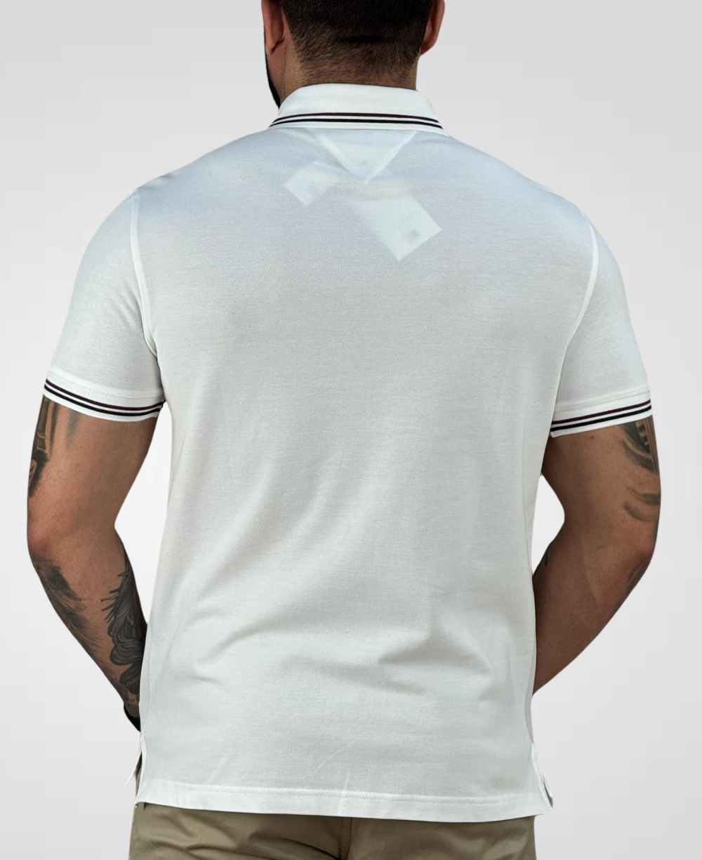 Camisa Polo Branca Friso e Detalhe Na Manga Slim - Tommy Hilfiger
