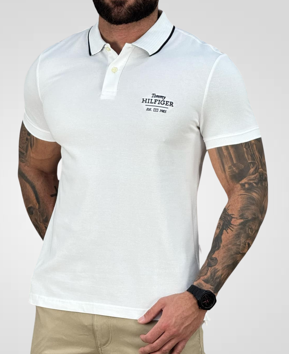 Camisa Polo Branca 1985 Com Friso Slim - Tommy Hilfiger