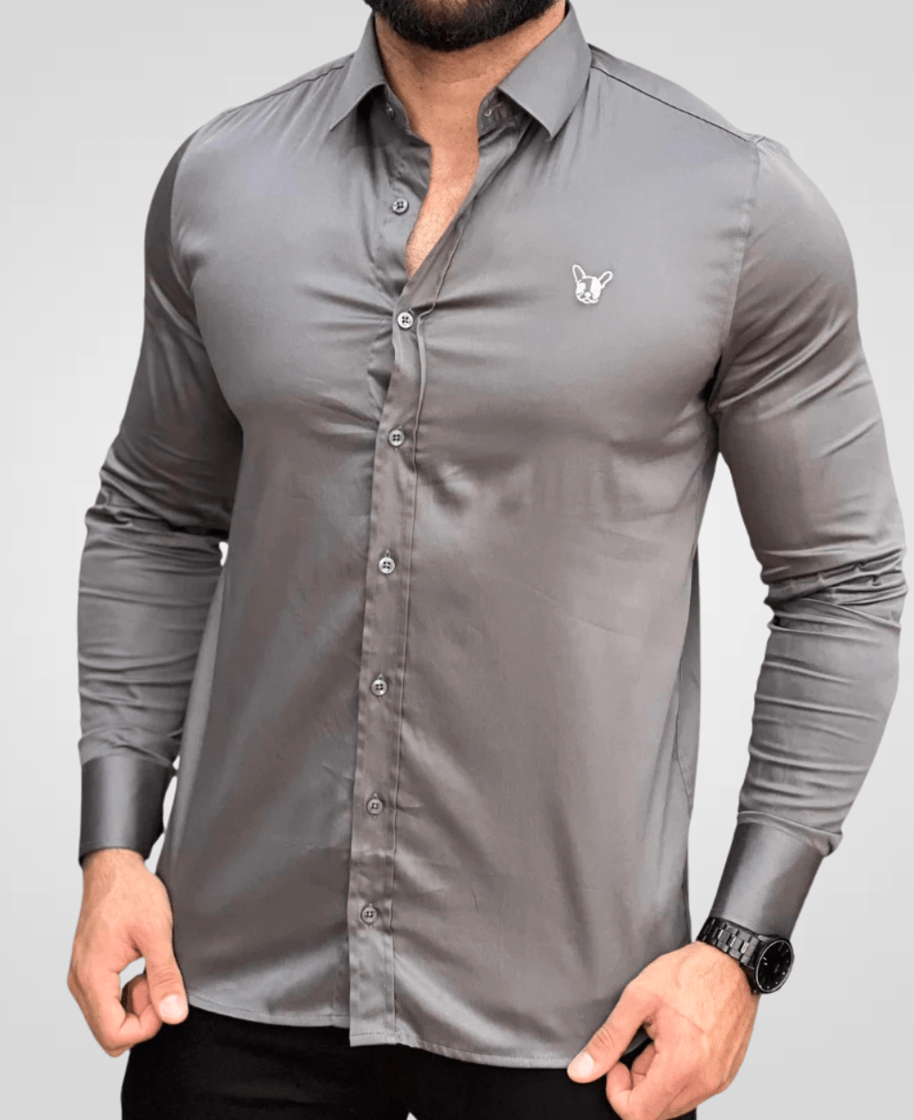 CAMISA SOCIAL CINZA ESCURO MANGA LONGA COM LOGO EM BRANCO - BRATE INFINITY