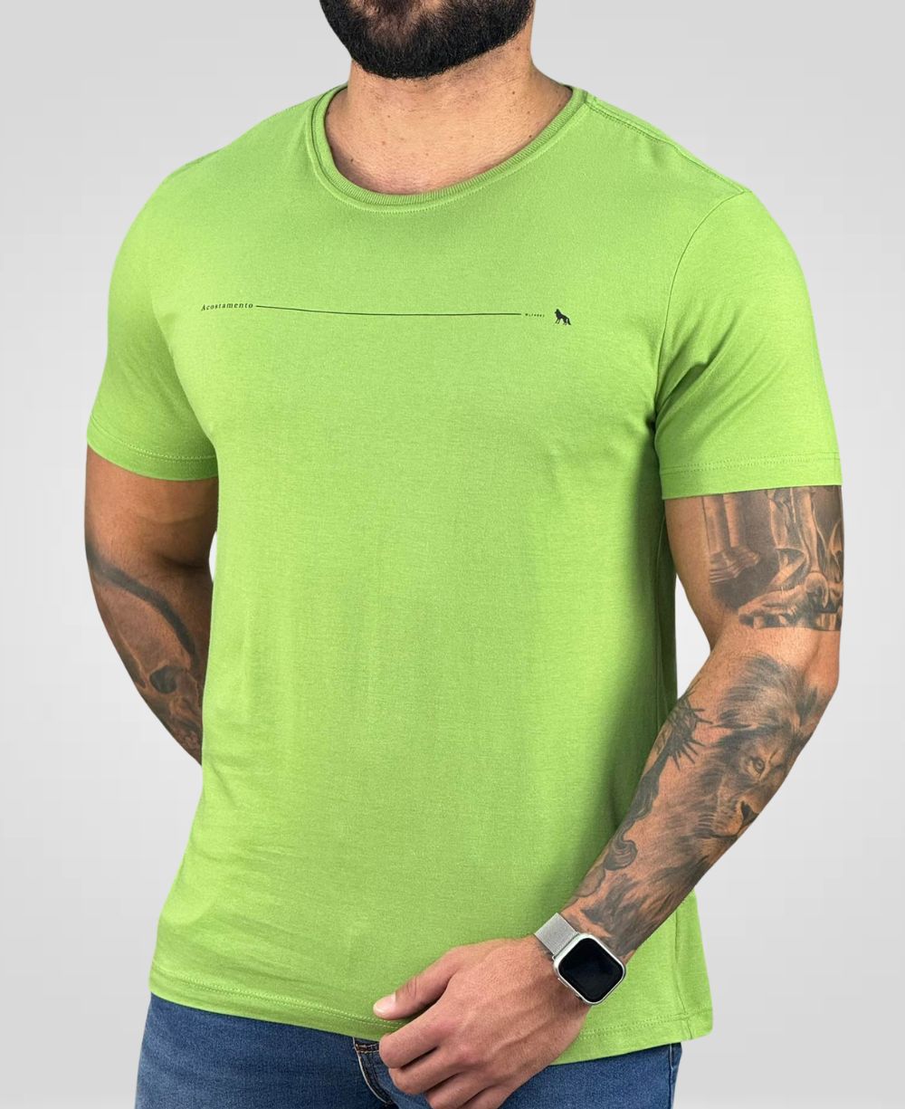 Camiseta Verde Hortelã Casual Masculina Line Wolf - Acostamento