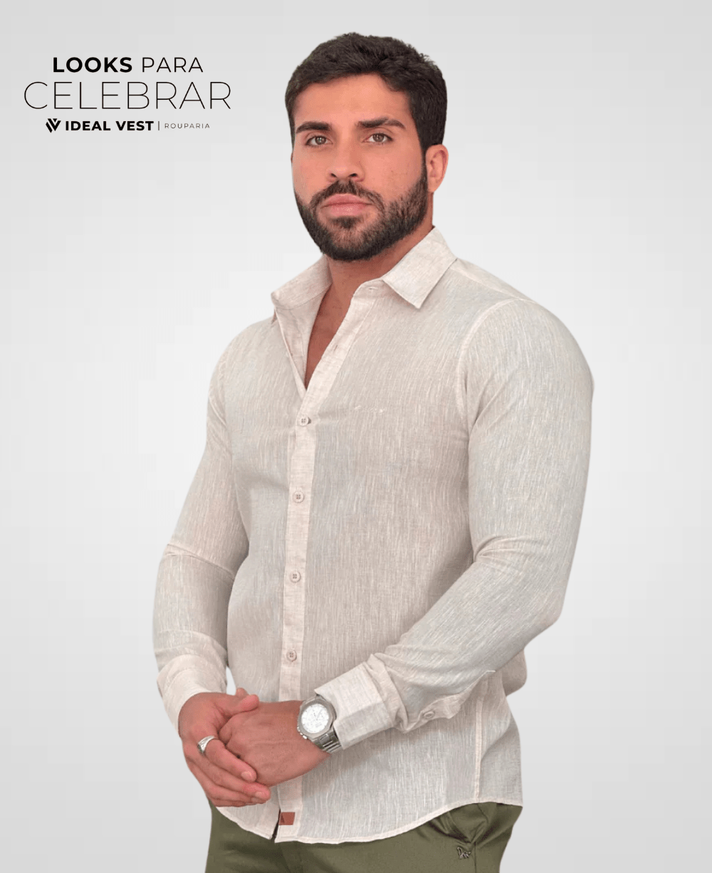 Camisa Social Areia Masculina Básica Linho - Paladho's Jeans Wear
