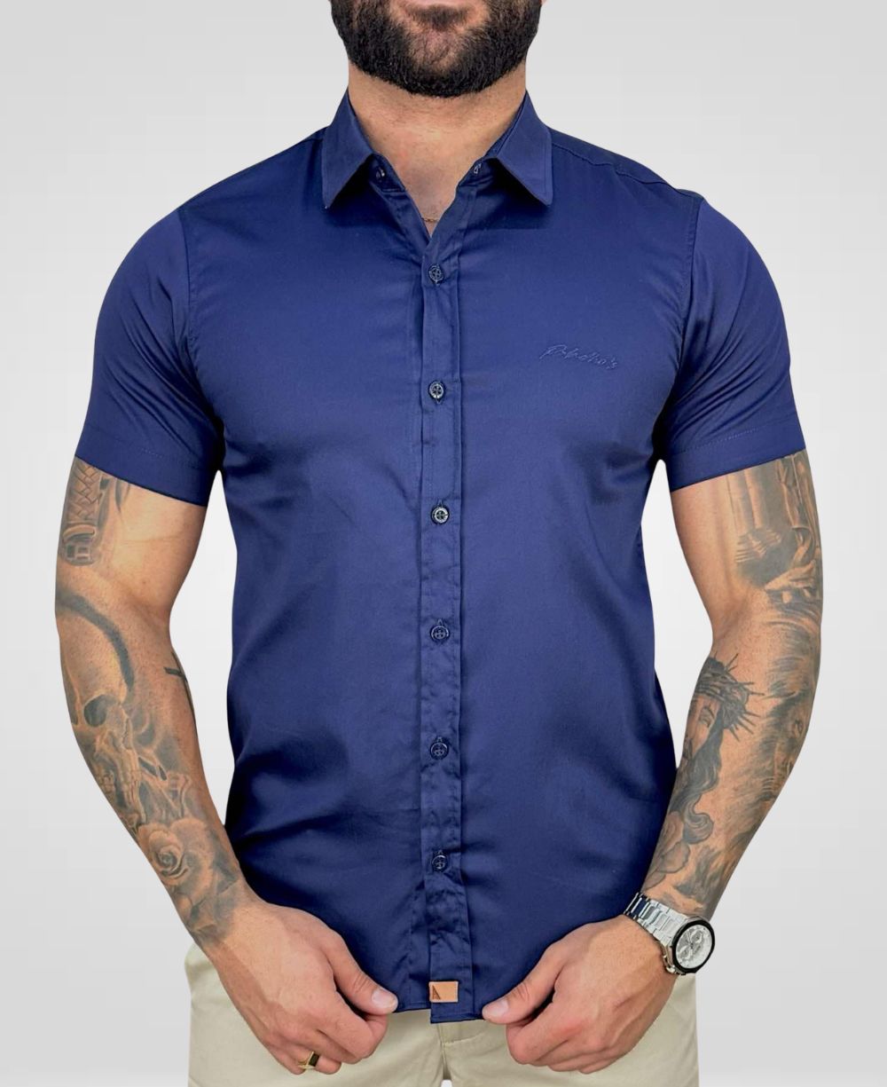Camisa Social Azul Marinho Manga Curta Básica - Paladho's Jeans Wear