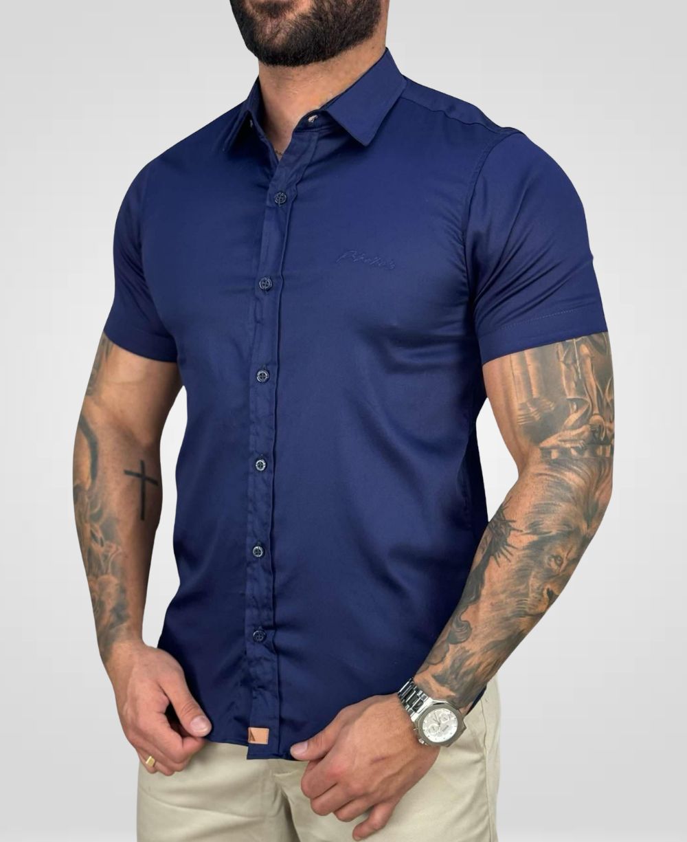 Camisa Social Azul Marinho Manga Curta Básica - Paladho's Jeans Wear