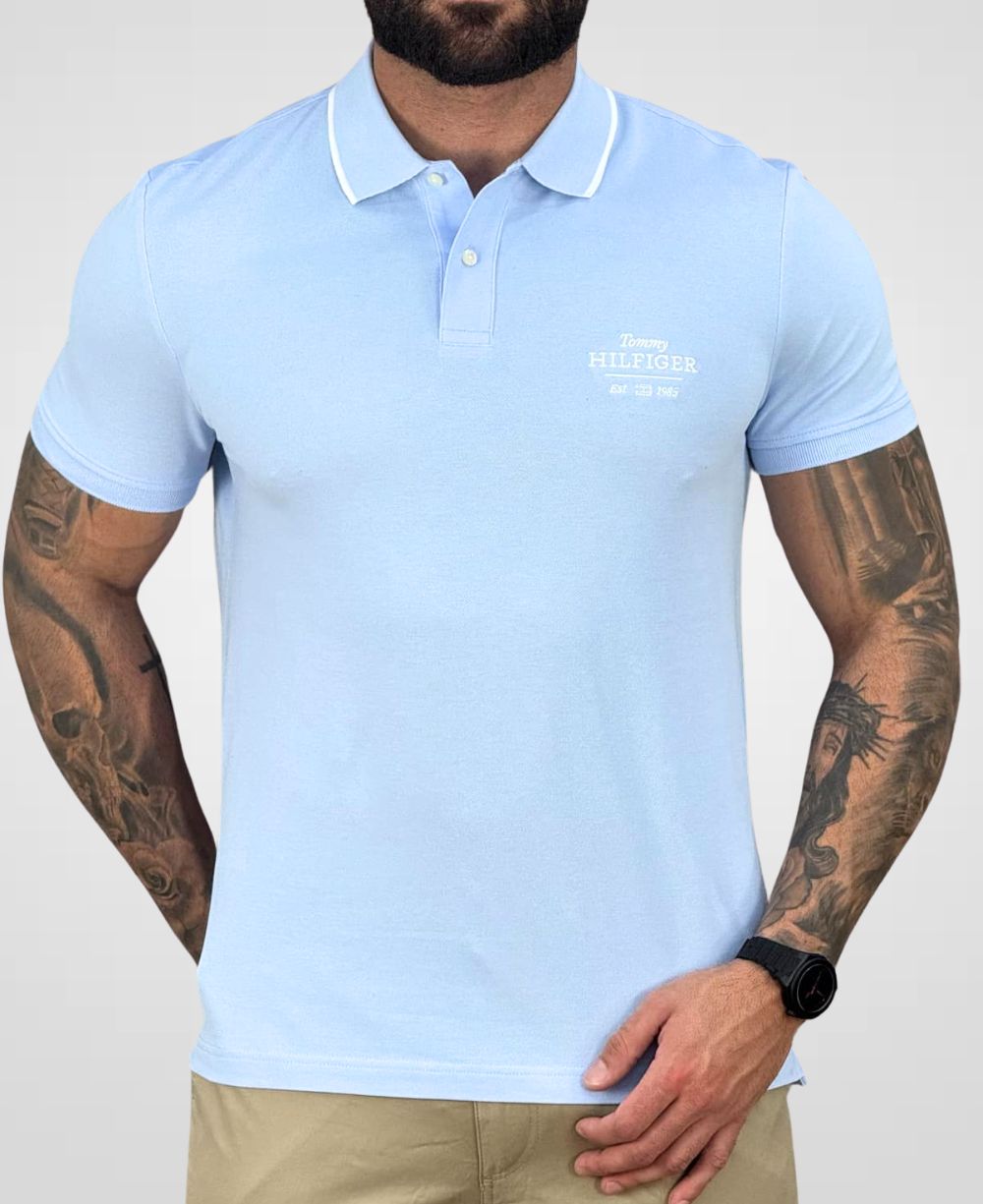 Camisa Polo Azul Céu 1985 Com Friso Slim - Tommy Hilfiger