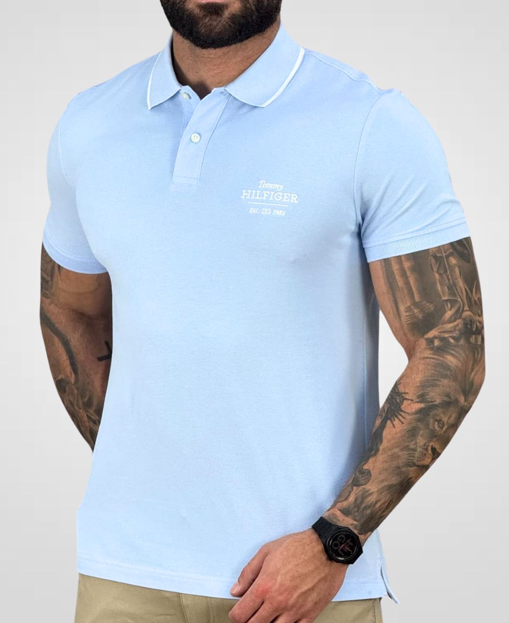 Camisa Polo Azul Céu 1985 Com Friso Slim - Tommy Hilfiger