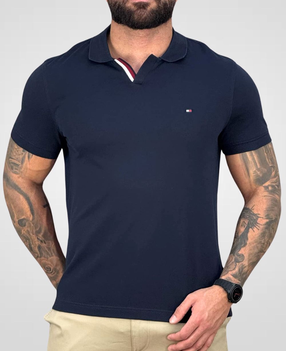 Camisa Polo Azul Marinho Masculina Mercerizada Carcela Regular - Tommy Hilfiger
