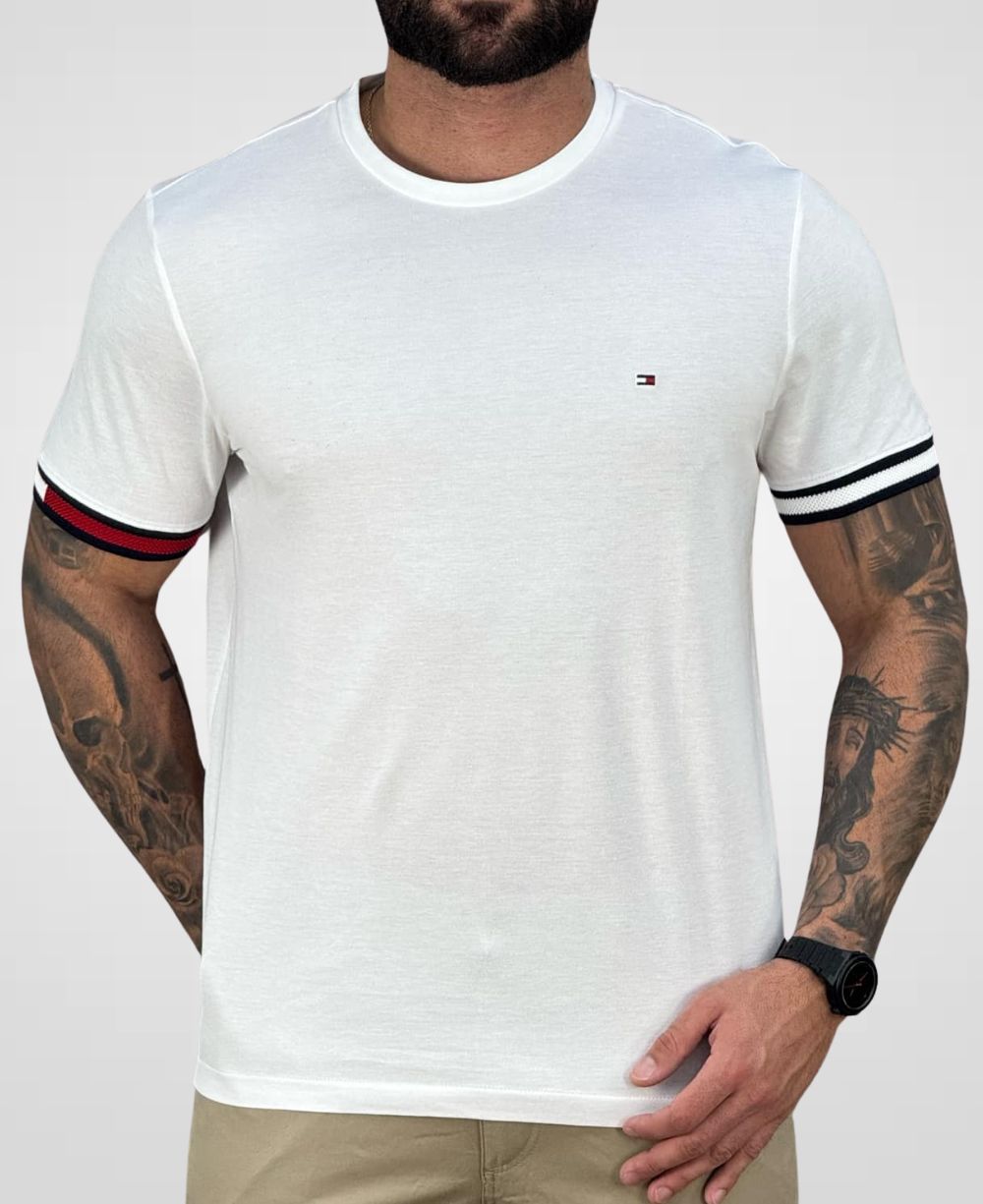 Camiseta Branca Piquet Detalhe Na Manga Masculina Regular Fit - Tommy Hilfiger