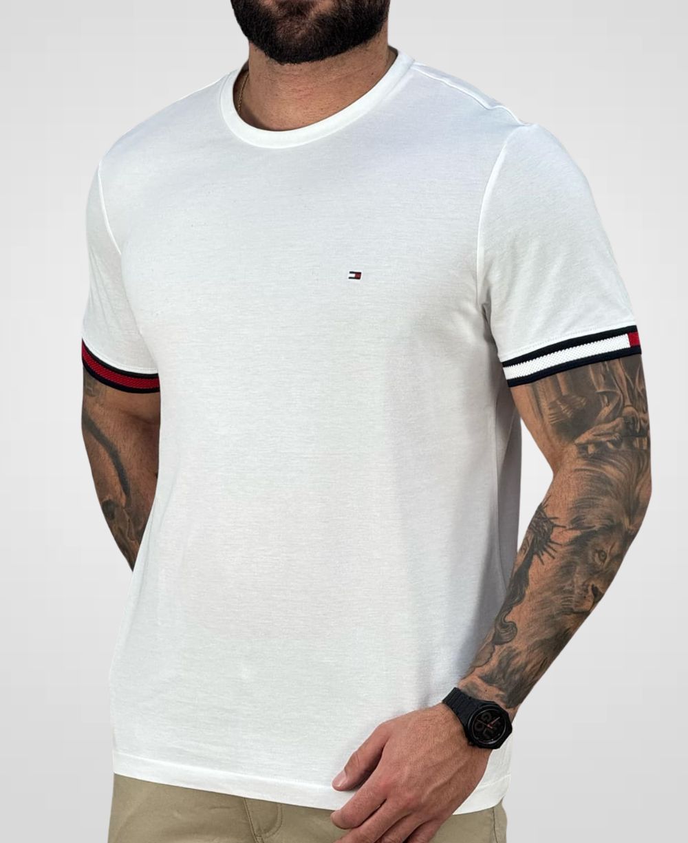 Camiseta Branca Piquet Detalhe Na Manga Masculina Regular Fit - Tommy Hilfiger