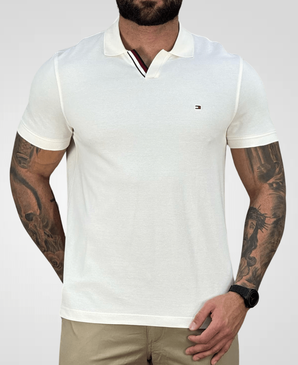 Camisa Polo Off-White Masculina Mercerizada Carcela Regular - Tommy Hilfiger