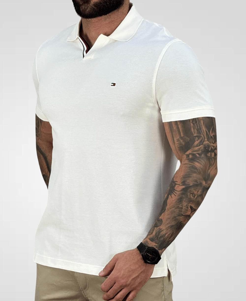 Camisa Polo Off-White Masculina Mercerizada Carcela Regular - Tommy Hilfiger
