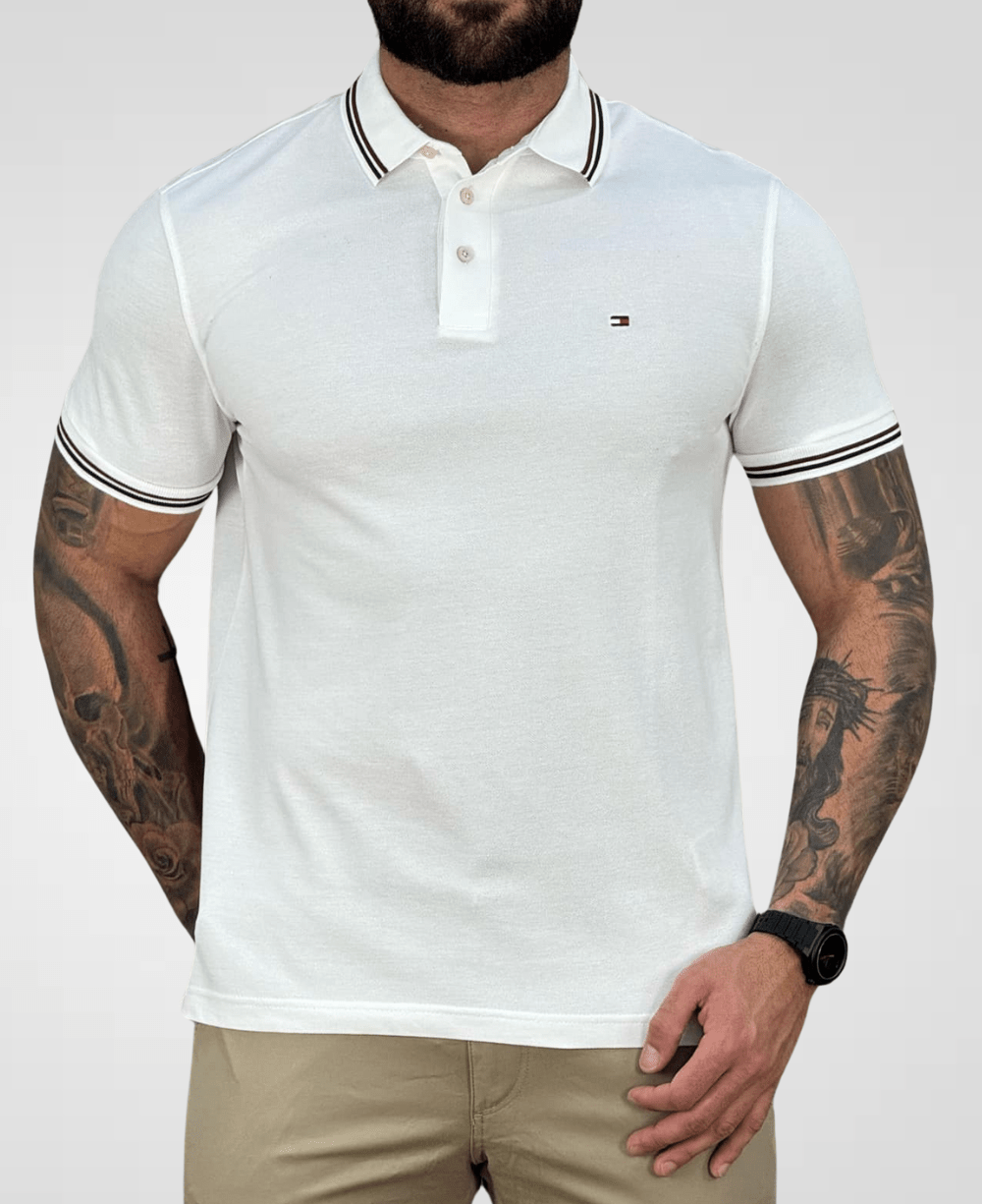 Camisa Polo Branca Friso e Detalhe Na Manga Slim - Tommy Hilfiger
